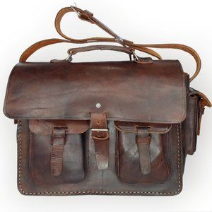 Vintage Leather Messenger Laptop Crossbody Bag Rawhide Brown Old World Large